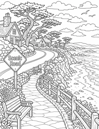 Detailed coloring page of Road Coastal Overlook featuring Scenic Road sign