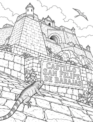 Detailed coloring page of Castillo San Felipe de Barajas featuring Castillo San Felipe de Barajas sign