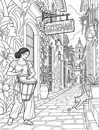 Detailed coloring page of Getsemaní Historic Quarter featuring Getsemaní sign