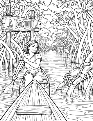 Detailed coloring page of La Boquilla Mangroves featuring La Boquilla sign