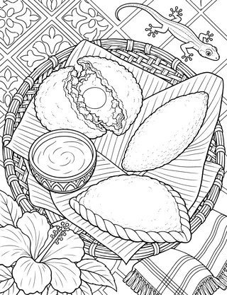 Detailed coloring page of Arepa de Huevo and Traditional Coastal Fritos