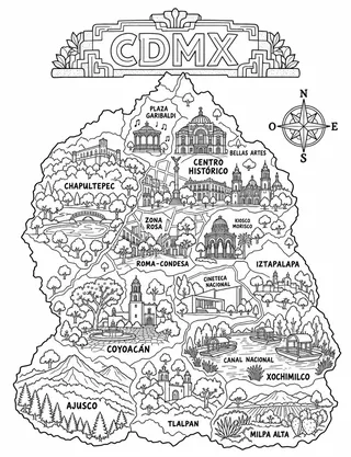 Illustrated travel map of CDMX landmarks and attractions