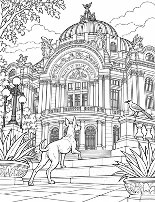 Detailed coloring page of Palacio de Bellas Artes and Xoloitzcuintli