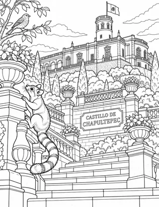 Detailed coloring page of Chapultepec Castle Terraces featuring Castillo De Chapultepec sign