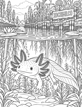 Detailed coloring page of Xochimilco Axolotl Habitat featuring Xochimilco sign