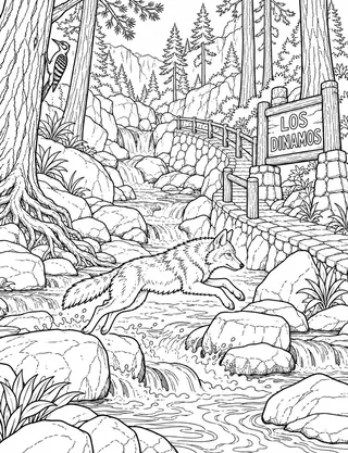 Detailed coloring page of Los Dinamos River Ravine featuring Los Dinamos sign