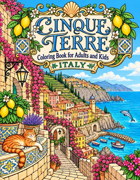 Cinque Terre Coloring Book for Adults cover illustration by Louisa May Carson
