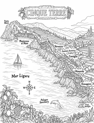 Illustrated travel map of Cinque Terre landmarks and attractions