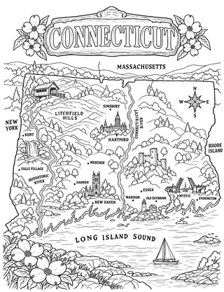 Illustrated travel map of Connecticut landmarks and attractions