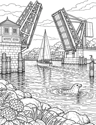 Detailed coloring page of Mystic River Bascule Bridge Opening
