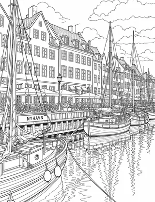 Detailed coloring page of Nyhavn harbor panorama featuring Nyhavn sign