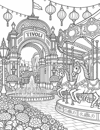 Detailed coloring page of Tivoli Gardens evening magic featuring Tivoli sign