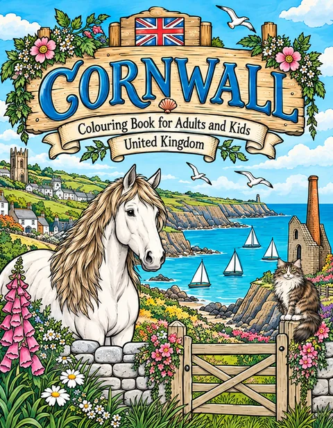 Cornwall Coloring Book for Adults cover illustration by Louisa May Carson