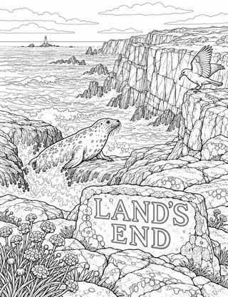 Detailed colouring page of Land's End Cliffs featuring Land sign