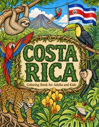 Costa Rica Coloring Book for Adults cover illustration by Louisa May Carson