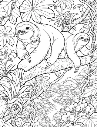 Detailed coloring page of Giant sloth family in a lowland rainforest canopy