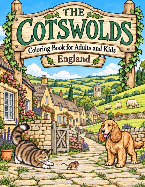 Cotswolds Coloring Book for Adults cover illustration by Louisa May Carson