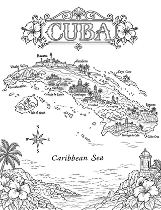 Illustrated travel map of Cuba landmarks and attractions