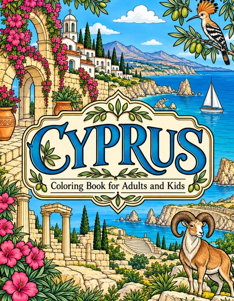 Cyprus Coloring Book for Adults cover illustration by Louisa May Carson