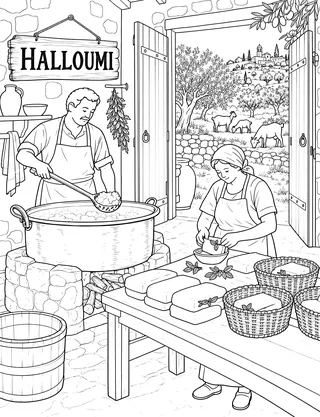 Detailed coloring page of Halloumi cheese making featuring Halloumi sign