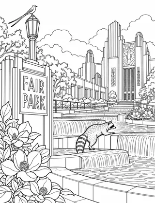Detailed coloring page of Fair Park Art Deco Esplanade