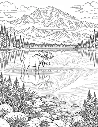 Detailed coloring page of Wonder Lake and Denali peak reflection