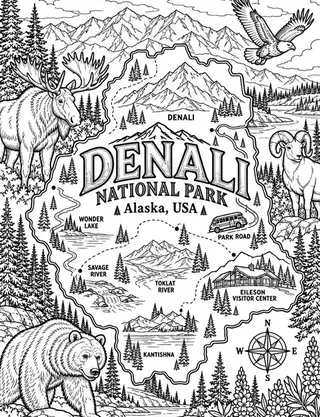 Illustrated travel map of Denali landmarks and attractions