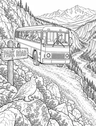 Detailed coloring page of Park Road transit bus traversing Igloo Canyon featuring Park Road sign