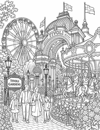 Detailed coloring page of Tivoli Gardens evening featuring Tivoli Gardens sign