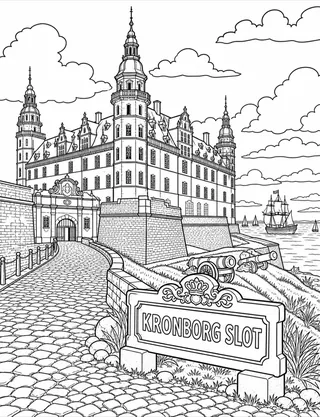 Detailed coloring page of Kronborg Castle featuring Kronborg Slot sign
