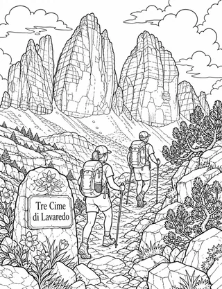 Detailed coloring page of Tre Cime featuring Tre Cime di Lavaredo sign