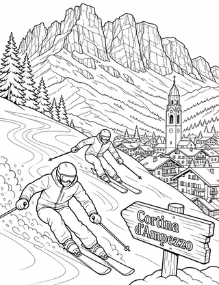 Detailed coloring page of Cortina Winter featuring Cortina d’Ampezzo sign