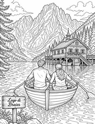 Detailed coloring page of Tre Cime di Lavaredo sunrise trail featuring Rifugio sign