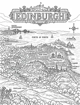 Illustrated travel map of Edinburgh landmarks and attractions