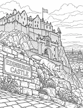 Detailed colouring page of Edinburgh Castle on Castle Rock featuring Edinburgh Castle sign