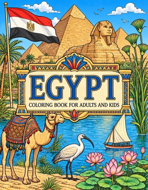 Egypt Coloring Book for Adults cover illustration by Louisa May Carson