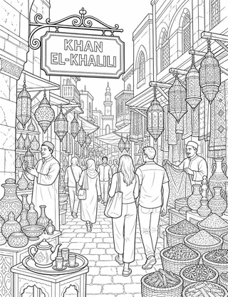 Khan El-khalili Egypt coloring page with detailed line art