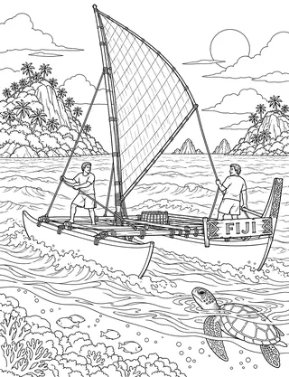 Detailed coloring page of Mamanuca drua passage featuring Fiji sign