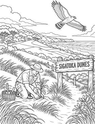 Detailed coloring page of Sigatoka sand dunes conservation featuring Sigatoka Dunes sign