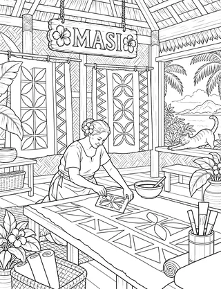 Detailed coloring page of Masi barkcloth workshop featuring Masi sign