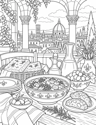 Detailed coloring page of Florentine-trattoria-food