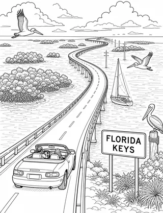 Detailed coloring page of Overseas Highway and long bridge over island-dotted Keys water with sailboat and pelicans featuring Florida Keys sign