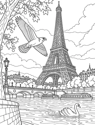 Detailed coloring page of Eiffel Tower Seine Icon