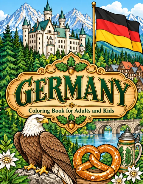 Germany Coloring Book for Adults cover illustration by Louisa May Carson