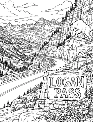 Detailed coloring page of Going-to-the-Sun Road at Logan Pass