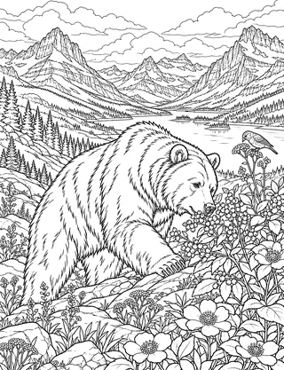 Detailed coloring page of Grizzly in Many Glacier Berry Slopes