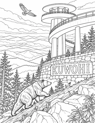 Detailed coloring page of Kuwohi Observation Tower Bear Ascent