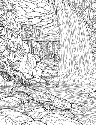 Detailed coloring page of Grotto Falls Hellbender Stream Crawl