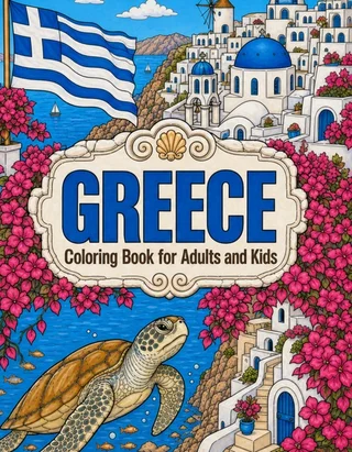 Greece Coloring Book for Adults cover illustration by Louisa May Carson