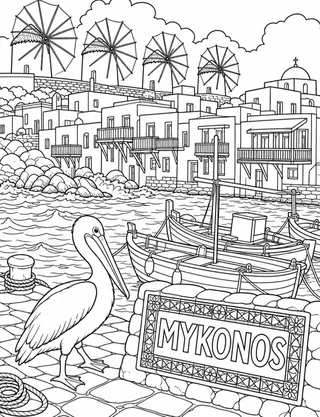 Detailed coloring page of Mykonos windmills and Little Venice waterfront featuring Mykonos sign